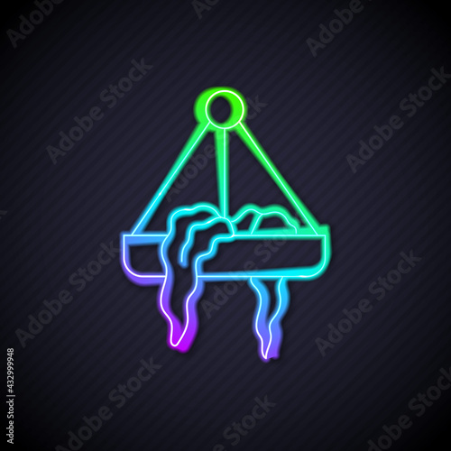 Glowing neon line Plant in hanging pot icon isolated on black background. Decorative macrame handmade hangers for flower pot, hang indoor plants. Vector