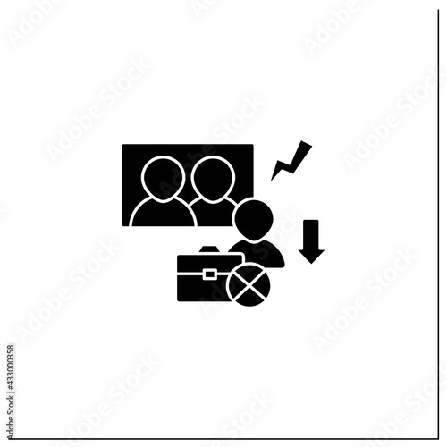 Downsizing glyph icon.Company labor force reduction.Unproductive workers elimination. Fired worker. Staff reduction.Unemployment concept.Filled flat sign. Isolated silhouette vector illustration