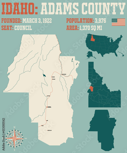Large and detailed map of Adams county in Idaho, USA.