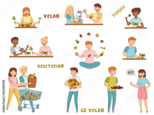 Vegetarian People Characters Purchasing at Greengrocery and Cooking Fresh Vegetable Salad Vector Illustration Set