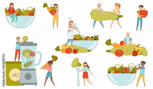 People Characters Bringing Huge Vegetables into Bowl and Blender Vector Illustration Set
