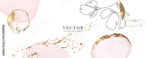 minimal background in pink flowers and tropical summer leaf with golden metallic texture gallery wall art vector 