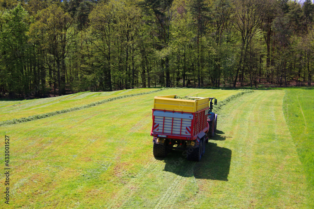 Fototapeta premium Tractor with trailer collecting hay from a meadow in spring (Swabian Alp, Germany)