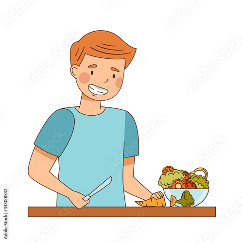 Vegetarian Male at Table Cutting Raw Vegetables with Knife Cooking Salad Vector Illustration