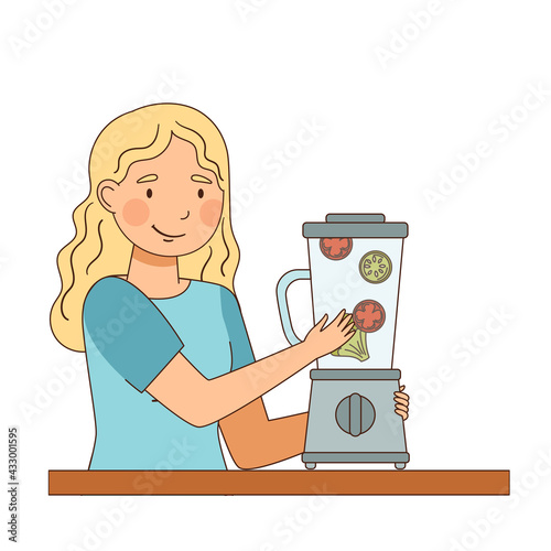 Vegetarian Blond Female at Table Cooking Fresh of Raw Vegetables in Blender Vector Illustration