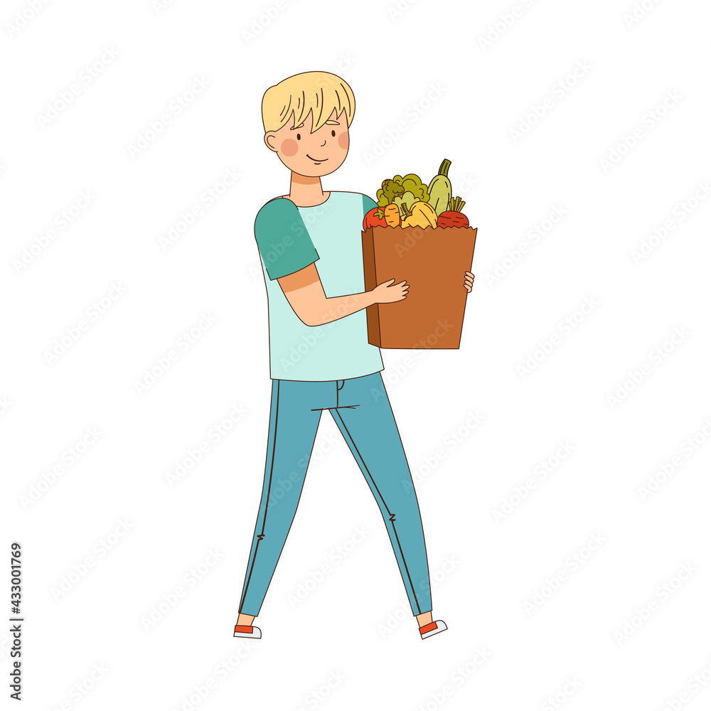 Vegetarian Male Purchasing at Greengrocery Carrying Shopping Bag with Fresh Vegetables Vector Illustration Vegetarian Male Purchasing at Greengrocery Carrying Shopping Bag with Fresh Vegetables Vector Illustration