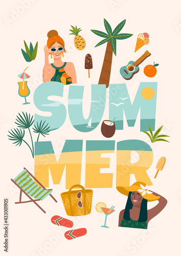 Vector illustration with women in swimsuit on tropical beach. Summer holliday, vacation, travel.
