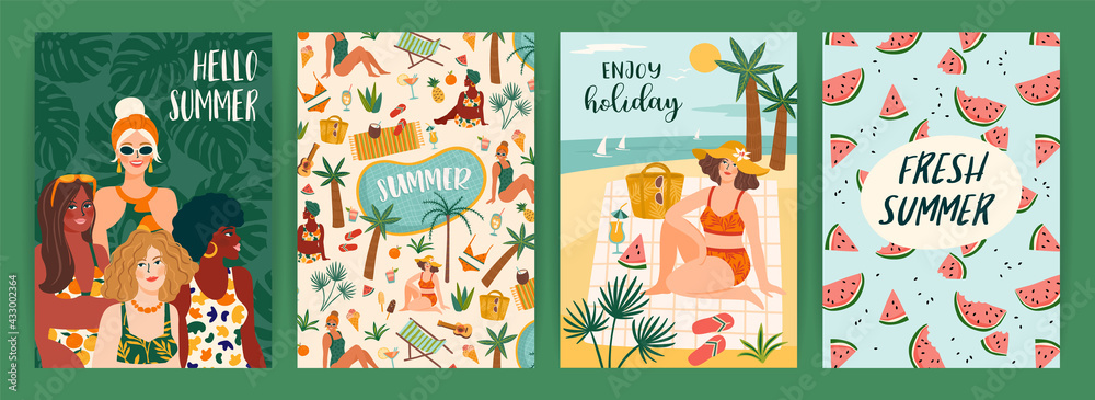 Fototapeta premium Set of bright summer illustrations with cute women. Summer holliday, vacation, travel. Vector templates