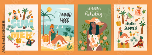 Set of bright summer illustrations with cute women. Summer holliday, vacation, travel. Vector templates