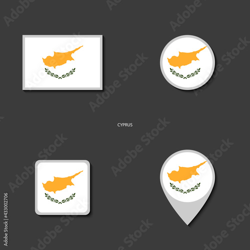 Cyprus flag icon set in different shape (rectangle, circle, square and marker icon) on dark grey background. Cyprus flag icon collection on barely dark background.