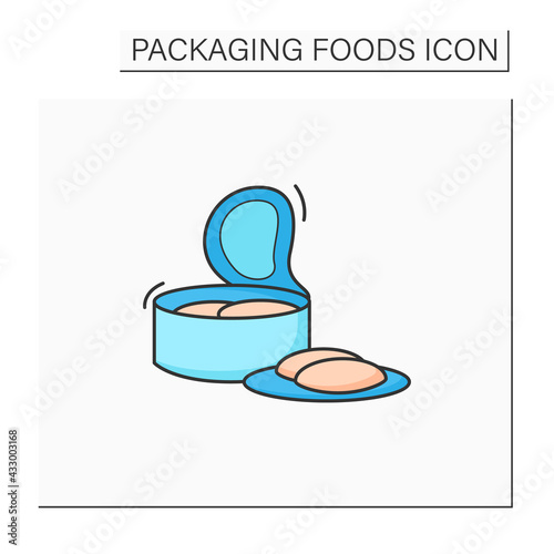 Canned tuna color icon. Steel container.Portion control, protection, tampering resistance from bacteria. Packing food concept. Isolated vector illustration