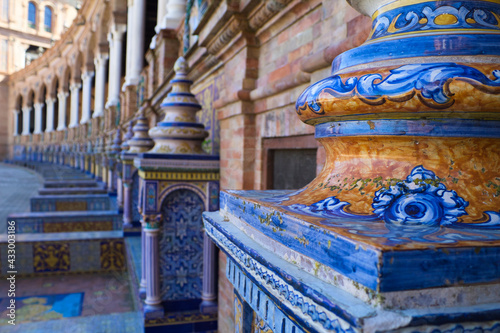 detail of the monument in the plaza of spain in seville from the universal exhibition of 1929. Very color and handmade tiles can be seen.