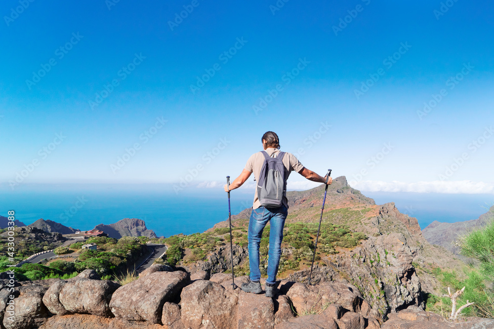 Happy middle aged man traveler while hiking in mountains, standing on a rock