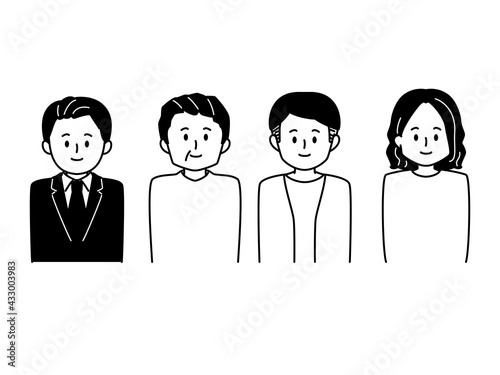 モノクロ人物アイコンセット　男性4人
