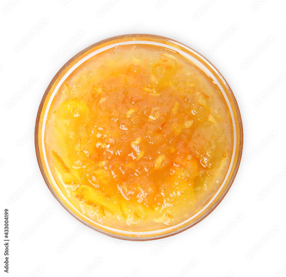 Delicious kumquat jam in bowl on white background, top view Delicious kumquat jam in bowl on white background, top view