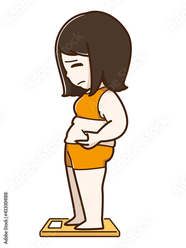 体重計に乗る肥満に悩む女性　
