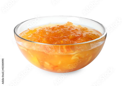 Delicious kumquat jam in bowl on white background