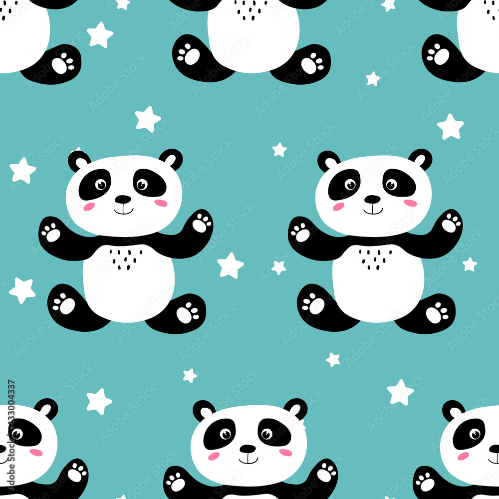 Seamless pattern with cute panda baby and stars on color background. Funny asian animals. Card, postcards for kids. Flat vector illustration for fabric, textile, wallpaper, gift wrapping paper Seamless pattern with cute panda baby and stars on color background. Funny asian animals. Card, postcards for kids. Flat vector illustration for fabric, textile, wallpaper, gift wrapping paper