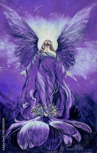 Fototapeta Naklejka Na Ścianę i Meble -  Majestic violet, purple angel of love in a lotus flower looks up in the radiance to the divine sky