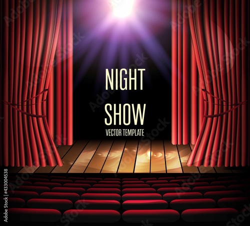 Red velvet curtain in theater or cinema. Flashlight. Scene. Stage. Realistic digital illustration. Night show flyer template. Graphic design for Stand-Up Comedy, Cinema, Opera, Theater. Vector EPS10.