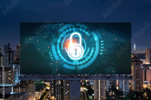 Canvas Print Padlock icon hologram on road billboard over panorama city view of Kuala Lumpur at night to protect business, Malaysia, Asia