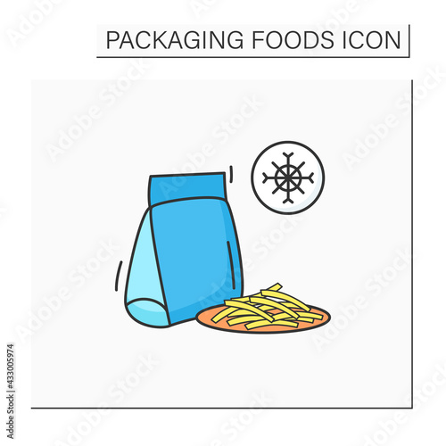 Frozen french fries color icon. Sliced potatoes in package. Portion control, protection, tampering resistance from bacteria. Packing food concept. Isolated vector illustration