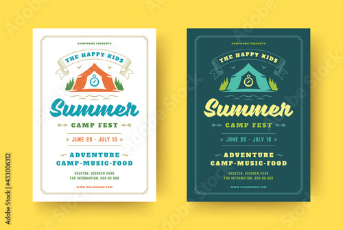 Kids summer camp poster or flyer event retro typography design template and forest lanscape and tent background