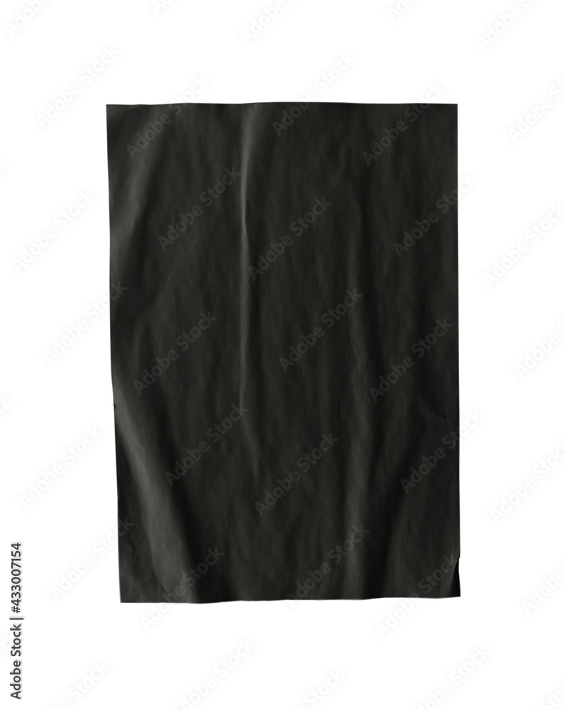 Black paper wrinkled poster template, blank paper sheet mockup. Black