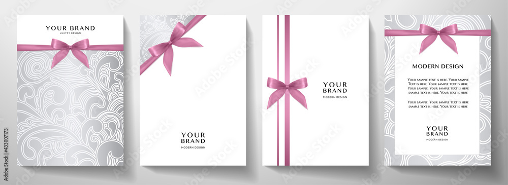 Holiday cover, frame design set. Luxury silver floral pattern (curve) background with pink ribbon (bow). Elegant vector collection template for invitation (invite vip card), greeting or gift card, awa - obrazy, fototapety, plakaty 