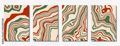 Set of cover templates. Striped fluid abstract background. Stylized marble texture in brown, white and green colors.