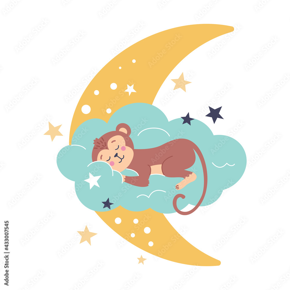 Obraz premium Cute monkey sleeps on a cloud next to the moon and stars. Vector illustration in a flat style. Decor for children's posters, postcards, clothing and interior