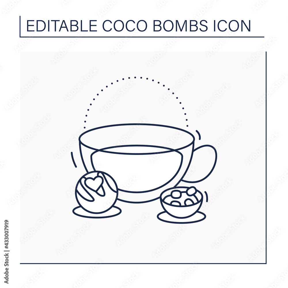 Coco bomb line icon. Delicious dessert. Cute ball of chocolate with marshmallows filling inside. Bomb inside cup. Chocolate sweet.Isolated vector illustration.Editable stroke