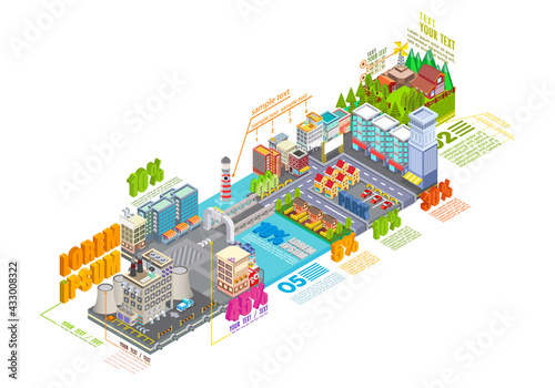 Isometric view of the building city’s, Infographics Industrial buildings and residential areas, Infographics Factory Element info graphics, Vector Illustration