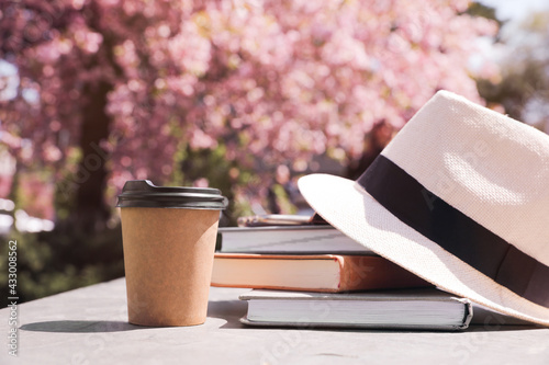 Stack of books, smartphone and hat on table in park