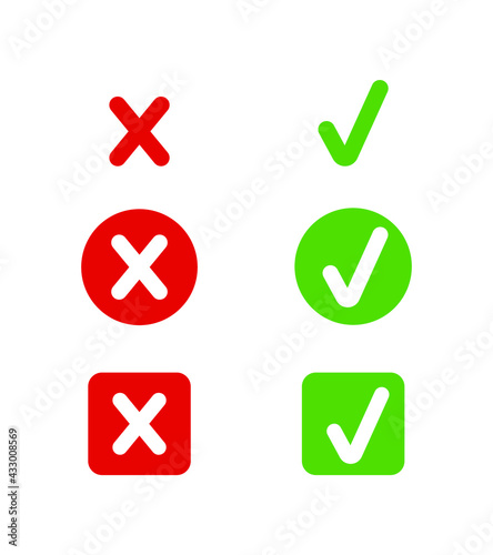 Vector signs set, icons collection, check and cross marks isolated on white background, in circle and square check boxes, green and red colors.