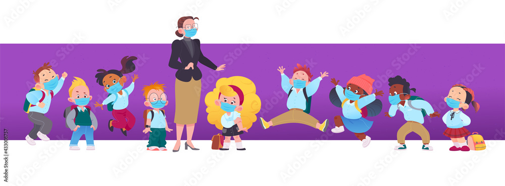 Portrait of teacher and boys and girls pupils wearing face masks standing isolated. Virus protection, health care and new social distance concept. Vector flat illustration.