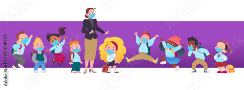 Portrait of teacher and boys and girls pupils wearing face masks standing isolated. Virus protection, health care and new social distance concept. Vector flat illustration.