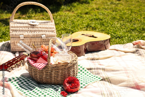Delicious food and wine in picnic basket on blanket outdoors. Space for text