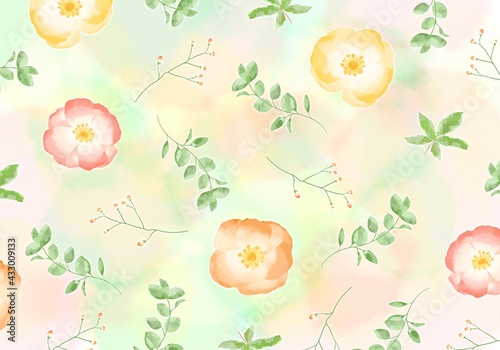 Fototapeta Naklejka Na Ścianę i Meble -  優しいタッチのポピーとユーカリのイラスト