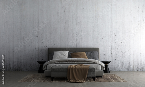 Fototapeta Naklejka Na Ścianę i Meble -  Bedroom interior wall mock up in warm neutrals with modern cozy style decoration on empty concrete wall background. 3D rendering