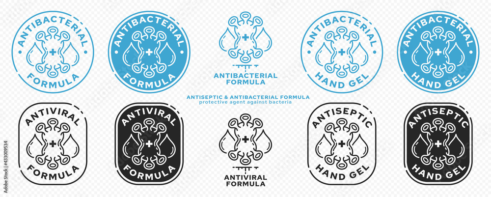 Concept for product packaging. Labeling - antibacterial formula. Antibacterial molecule with test drops - protection symbol. Vector set. Concept for product packaging. Labeling - antibacterial formula. Antibacterial molecule with test drops - protection symbol. Vector set.