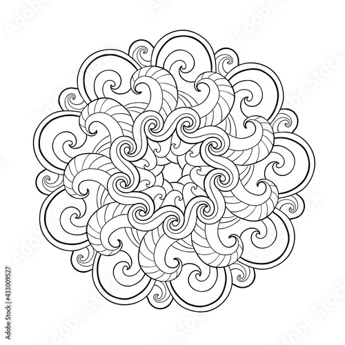 Decorative mandala with wavy and soft patterns on a white isolated background. For coloring book pages.