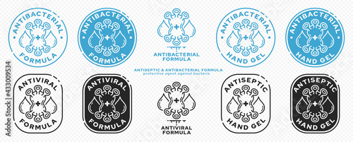Concept for product packaging. Labeling - antibacterial formula. Antibacterial molecule with test drops - protection symbol. Vector set.