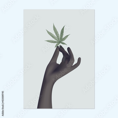 Poster template design, black hand holding cannabis leave