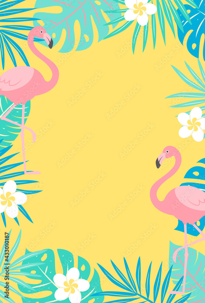 vector background with tropical plants and flamingos for banners, cards, flyers, social media wallpapers, etc.