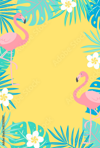 vector background with tropical plants and flamingos for banners  cards  flyers  social media wallpapers  etc.