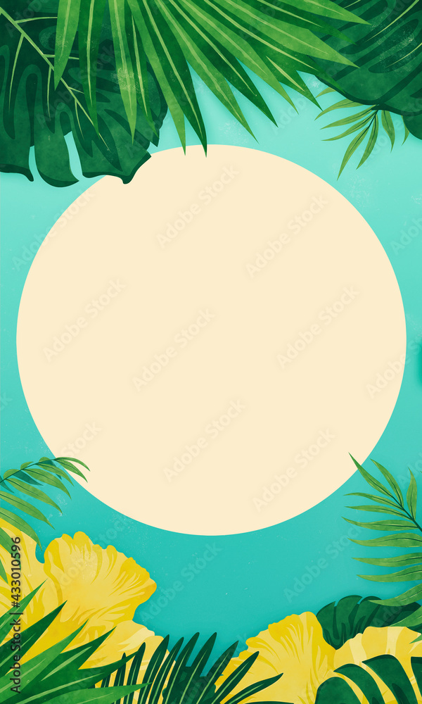 Tropical palm leaves and yellow blossoms and empty copy space in the middle of sun. Summer holiday high format background. Digital watercolor illustration.