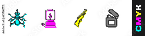 Set Mosquito, Camping lantern, Hunting gun and Lighter icon. Vector