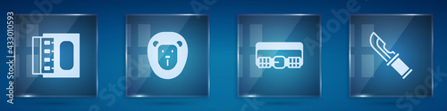 Set Matchbox and matches, Wild lion, Hunting cartridge belt and Hunter knife. Square glass panels. Vector