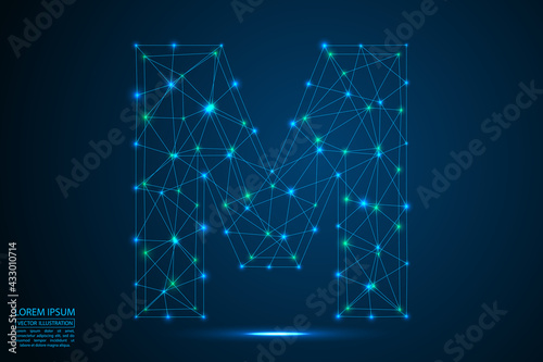 Abstract letters font is made up of triangles, lines, dots and connections. On a dark blue background, stars of the cosmic universe, meteorites, galaxies. Vector illustration eps 10.